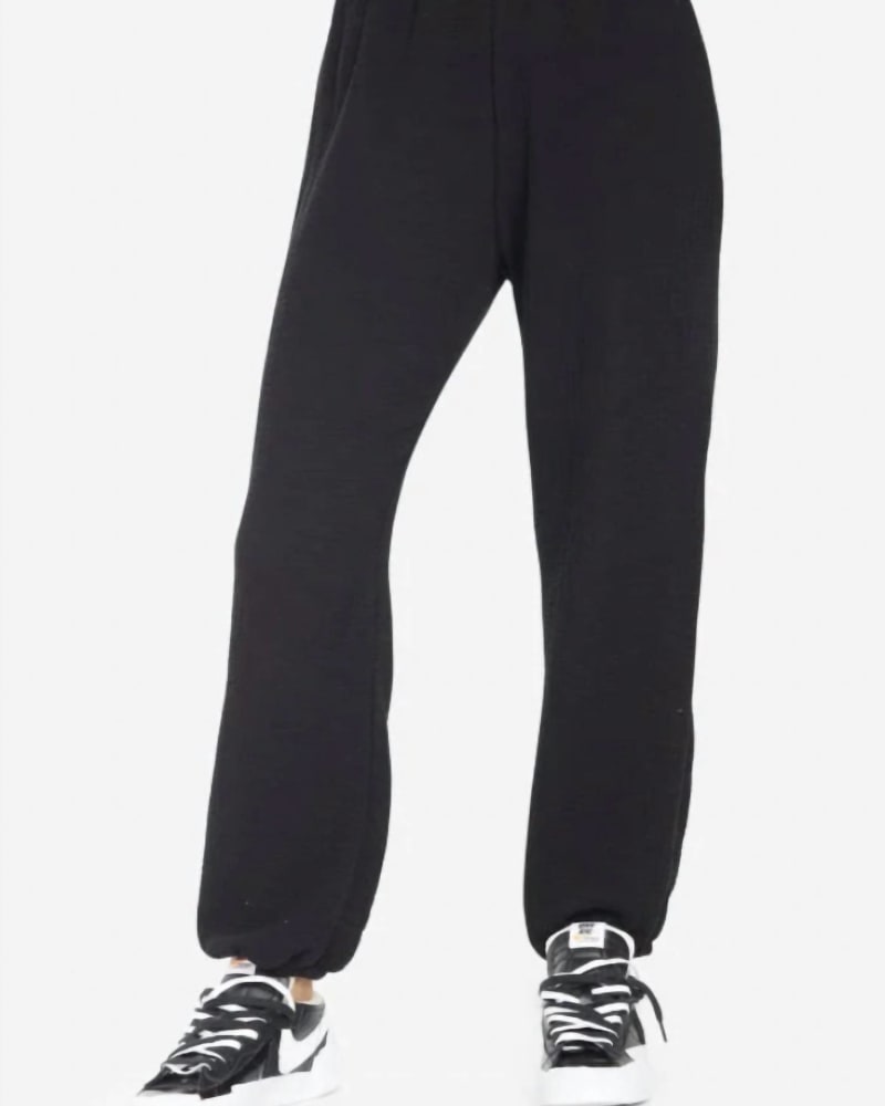 Front of a model wearing a size L Brussels Gauze Pants in Black in Black by MICHAEL LAUREN. | dia_product_style_image_id:345413